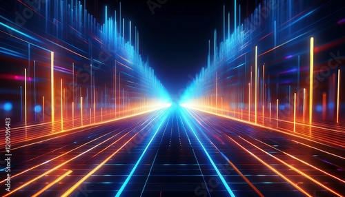 A vibrant digital landscape featuring glowing lines and beams, creating a sense of depth and movement in a futuristic setting.