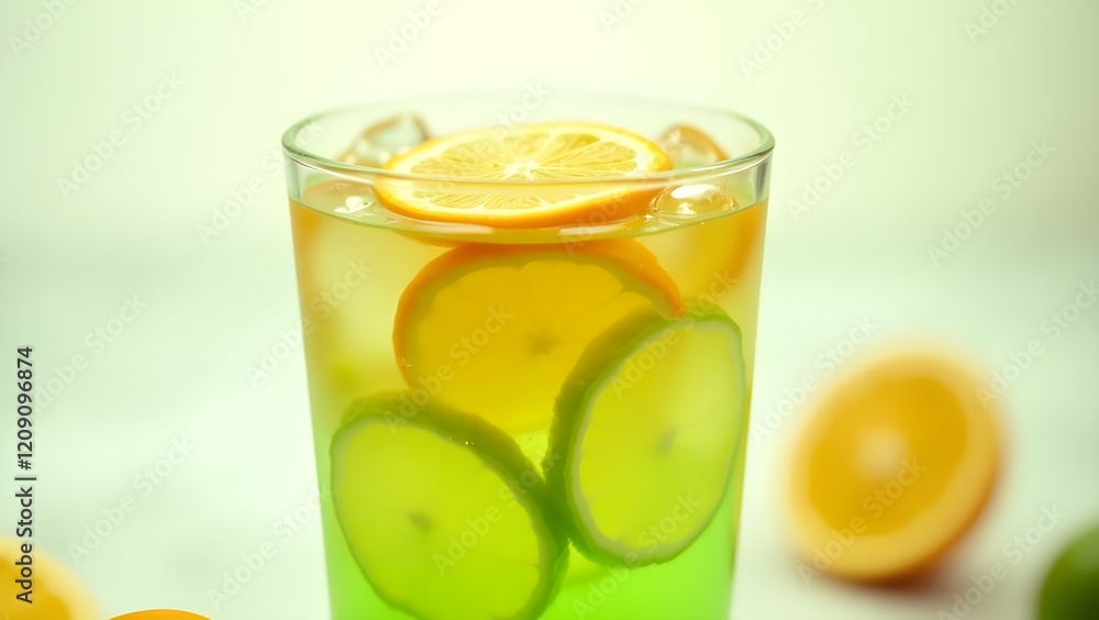 A lime green drink with bright orange slices floating on top A lime green drink with bright orange slices floating on top