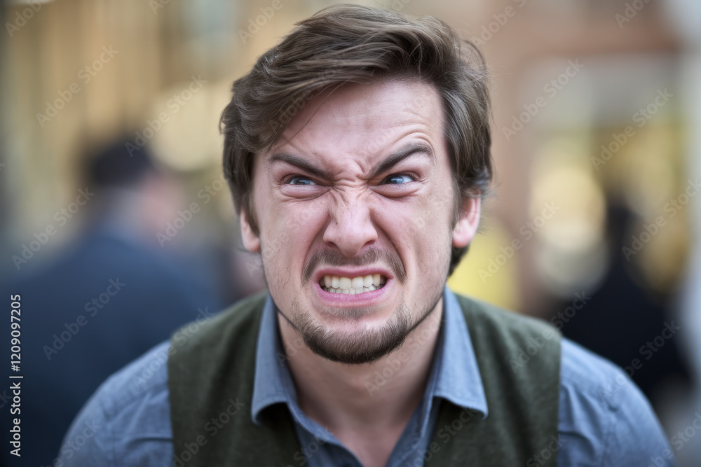 Obraz premium Man clenching his jaw with lips pressed together, expressing anger