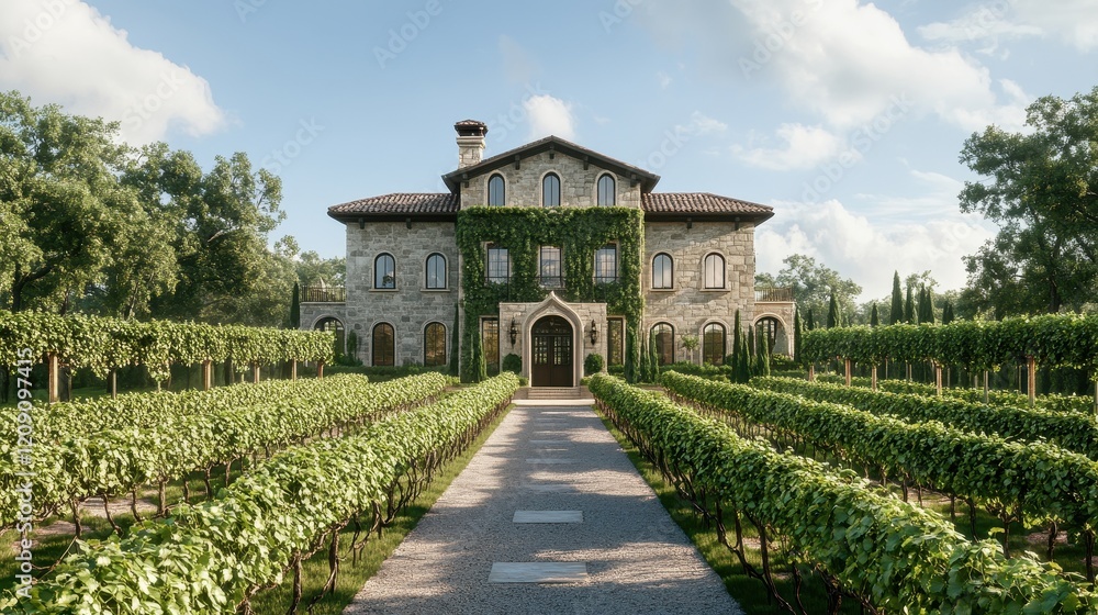 Fototapeta premium Elegant Mansion Surrounded by Vineyard Rows