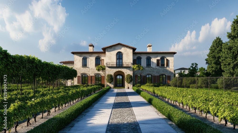 Fototapeta premium Elegant Mansion Surrounded by Lush Vineyard Rows