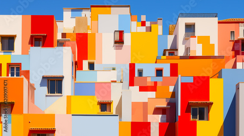 This vibrant image showcases a colorful building facade with multiple hues like yellow, red, pink, and blue, creating a playful and modern visual. The bright colors reflect an artistic urban design.