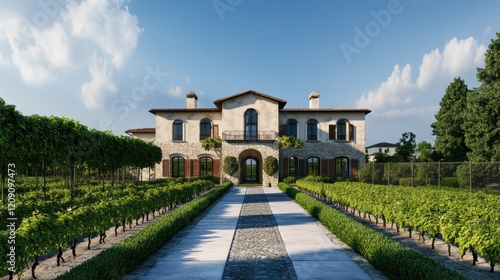 Elegant Mansion Surrounded by Lush Vineyard Rows
