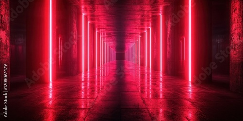 Futuristic Cyberpunk Neon Hallway with Dynamic Light Reflections in Polished Concrete Space