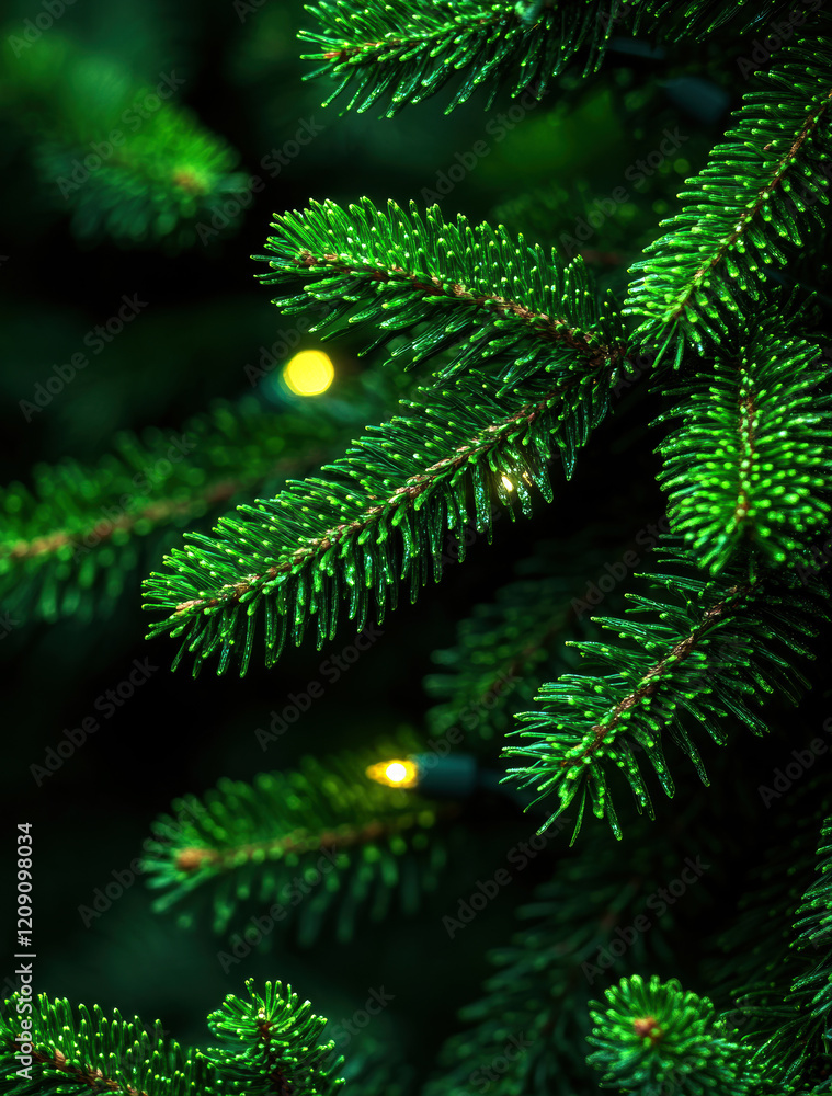Close-up of lush green pine branches adorned with soft glow lights, embodying the spirit of the holiday season and the beauty of nature. Close-up of lush green pine branches adorned with soft glow lights, embodying the spirit of the holiday season and the beauty of nature.