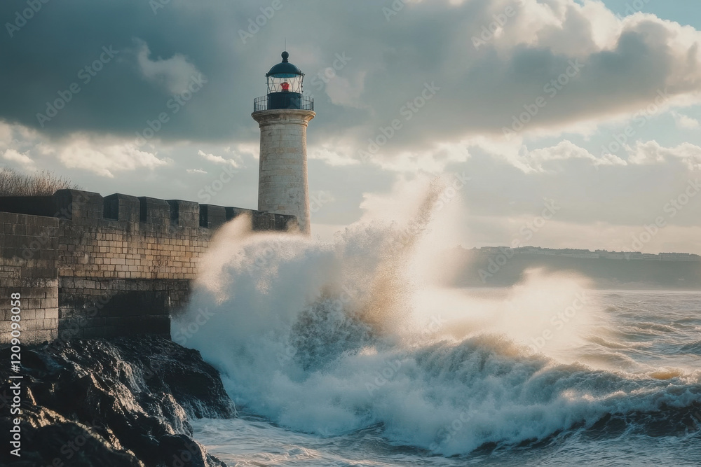 Quiet lighthouse perched on a rocky coast with waves crashing below Quiet lighthouse perched on a rocky coast with waves crashing below