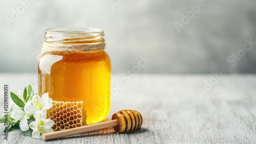 Organic products from sustainable agriculture Concept. Jar of honey with honeycomb and flowers on a surface. photo