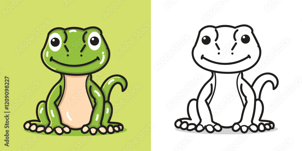 Naklejka premium A cute green gecko doll cartoon illustration for a sticker, design element, or coloring book element