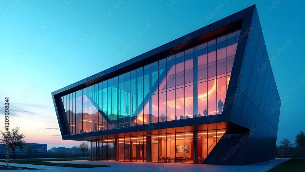 Fototapeta premium A futuristic minimalist building with a bold glass facade reflecting bright colors