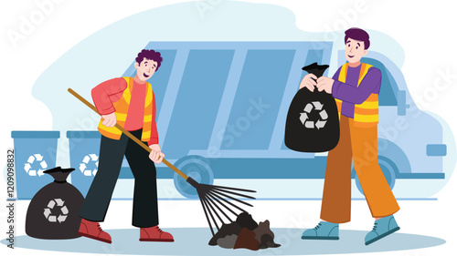 Garbage recycling service illustration with workers collecting and transporting waste.