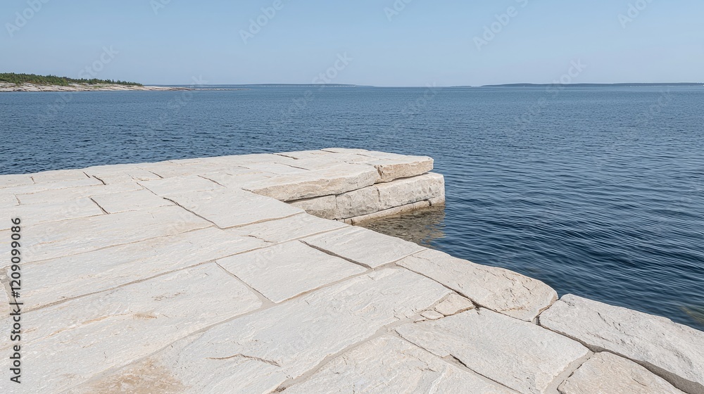 Fototapeta premium A stone pier built from flat beige blocks extends into the calm blue water of a lake under a clear sky.