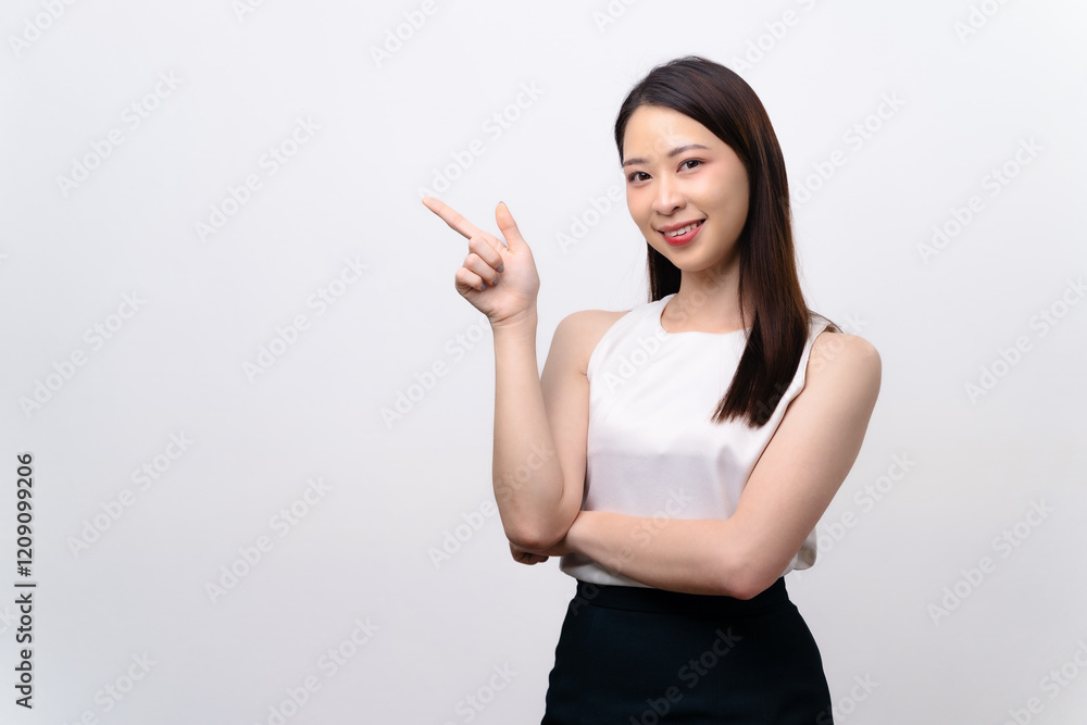 Beautiful businesswoman points her finger up, smiling with happiness and confidence. Beautiful businesswoman points her finger up, smiling with happiness and confidence.