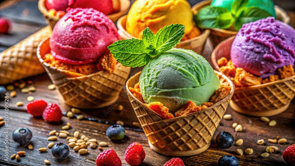 Creamy ice cream scoops nestled in crispy waffle cones, the perfect summer treat. Creamy ice cream scoops nestled in crispy waffle cones, the perfect summer treat.