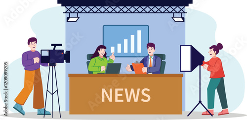 Journalism concept illustration set in a bustling newsroom with crew members.