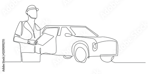continuous line of car inspection services.one line drawing of man standing with helmet and notepad with car background.single line vector illustration