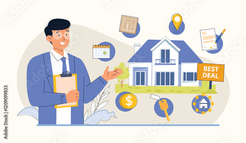 Real estate property sale concept with a "Best Deal" sign and house illustration.