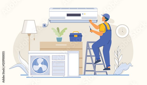 AC repair service illustration with a technician fixing a split air conditioner.