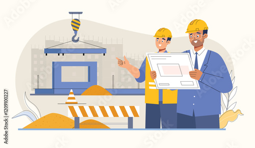 Construction workers illustration featuring a blueprint and crane at a bustling construction site.