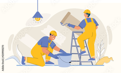 Construction workers painting a wall with rollers and buckets in a lively scene.