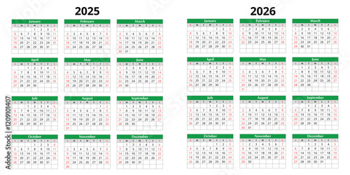 2025, 2026 year english vector annual with 12 months