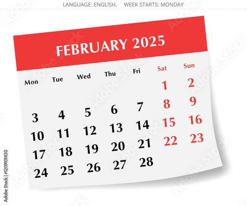 2025 february English calendar. A vector illustration of monthly paper page with shadow. Design Monday start