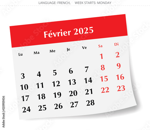 French calendar for february 2025. Vector illustration of a winter month paper page for France - janvier