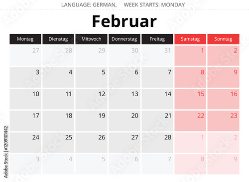 German calendar for february 2025. Vector illustration of a winter month for Germany - februar