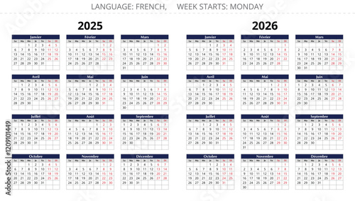 2025, 2026 year french calendars. Vector illustrations for France
