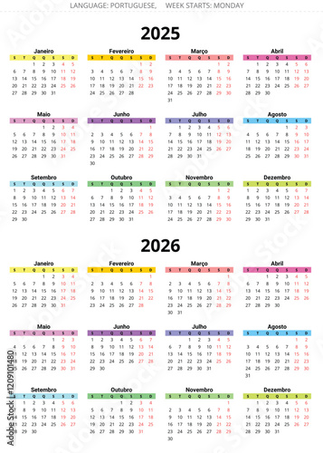 2025, 2026 year portuguese color calendars. Vector illustrations for Portugal, Brazil