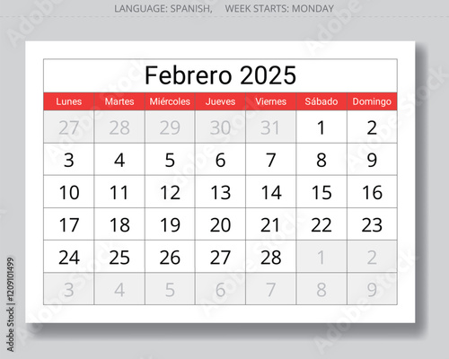 2025 Spanish february monthly calendar - febrero. Vector page illustrations for winter month Spain