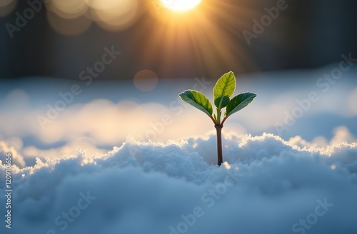 close-up of a small plant sprout growing through the snow under a sun