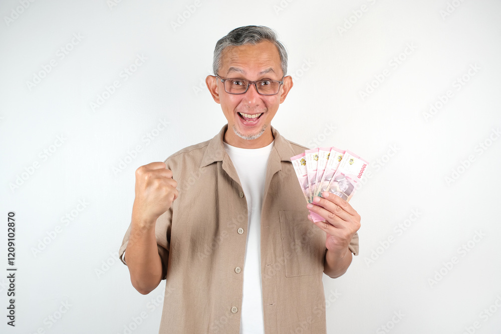 Asian Man, hand holding rupiah, Indonesian money banknotes.
Asian Man, hand holding rupiah, Indonesian money banknotes.