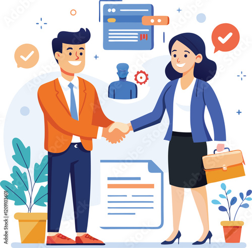 People shaking hands at work - Two businesspeople, man and woman doing handshake in office at work while smiling over business agreement and deal. Flat design stock illustration on white background