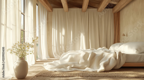 A serene bedroom featuring a bed draped with cloud-like white blankets, placed in a rustic cottage with a wooden-beamed ceiling. A nearby vase of wildflowers and a woven area rug add a natural touch,  photo