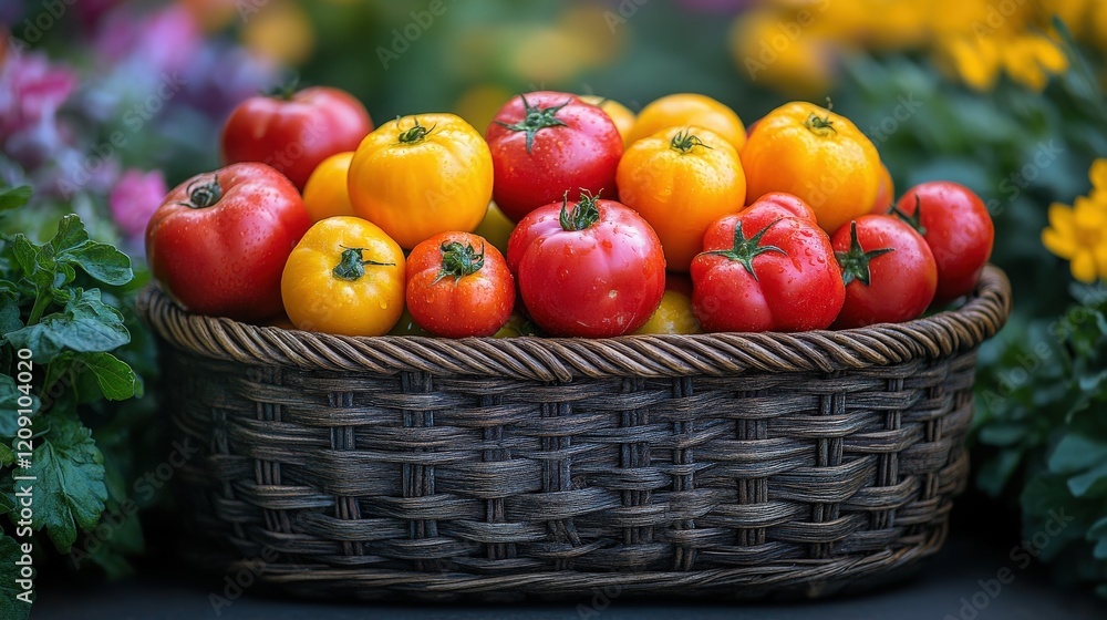 A Vibrant Display of Freshly Harvested Tomatoes in a Rustic Woven Basket Surrounded by Colorful Garden Blooms Creating a Seasonal Feast for the Eyes A Vibrant Display of Freshly Harvested Tomatoes in a Rustic Woven Basket Surrounded by Colorful Garden Blooms Creating a Seasonal Feast for the Eyes
