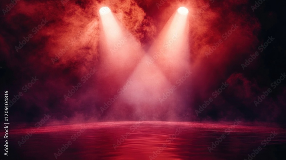 Dark Red Smoky Background with Spotlight and Reflective Floor for Stage Design and Cinematic Display Dark Red Smoky Background with Spotlight and Reflective Floor for Stage Design and Cinematic Display