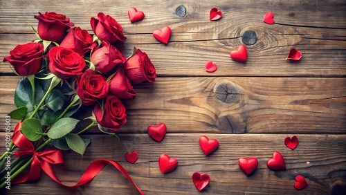 hearts and red roses on a wood background with valentine's day concept