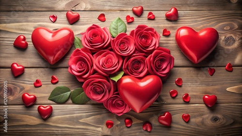 hearts and red roses on a wood background with valentine's day concept