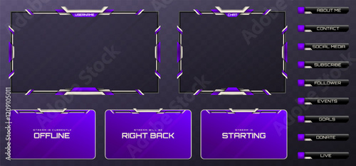 Abstract Stream Overlay Webcam Screen Frame and Stream Alert GUI Panels in Metallic Black, Silver, and Indigo Color-Themed for Gaming and Live Video Streaming Platforms