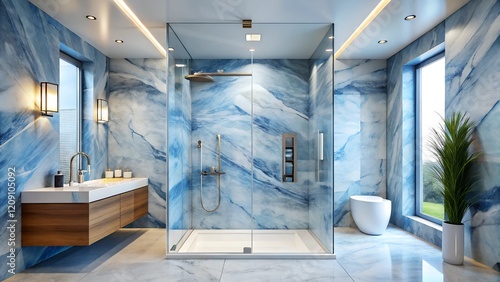 Minimalist interior design of modern walk shower are simplicity with marble blue and white wall