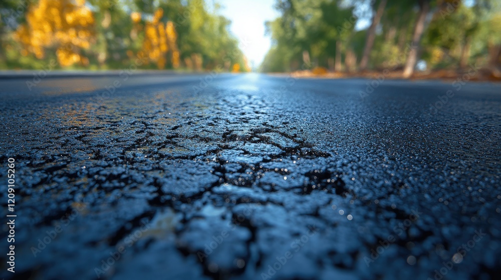 Close-Up View of a Wet Asphalt Road Reflecting Trees and Light in a Background Scene, Capturing Nature's Beauty in a Serene Environment Close-Up View of a Wet Asphalt Road Reflecting Trees and Light in a Background Scene, Capturing Nature's Beauty in a Serene Environment