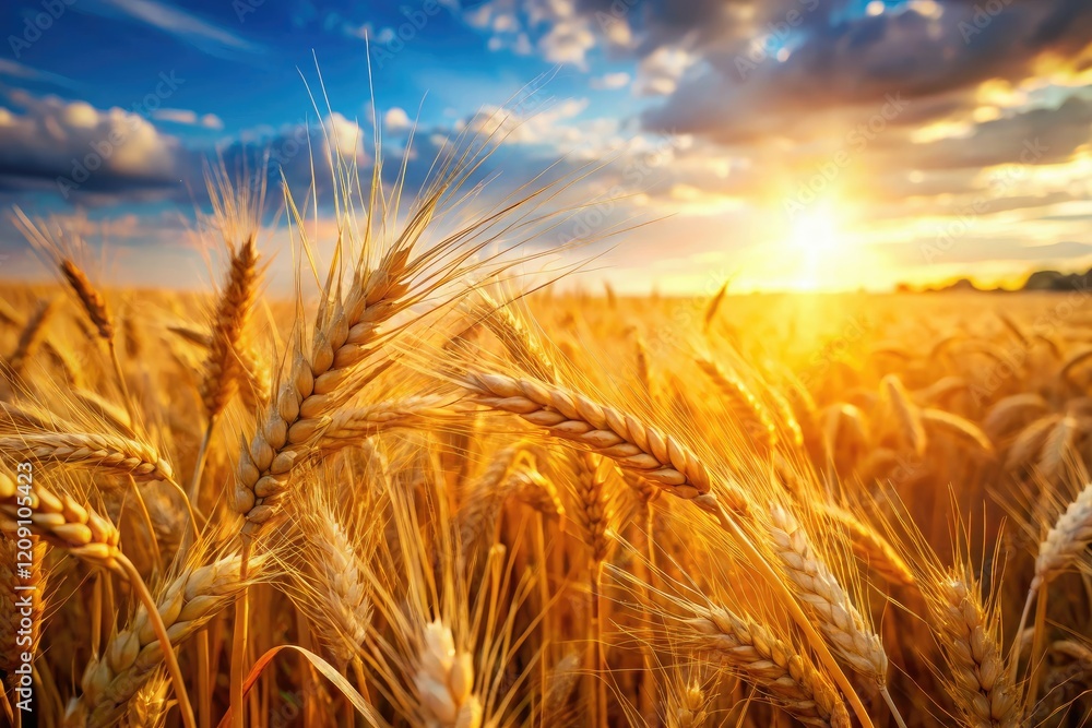 Golden wheat sways in the summer breeze, a rural landscape bathed in harvest sunlight.