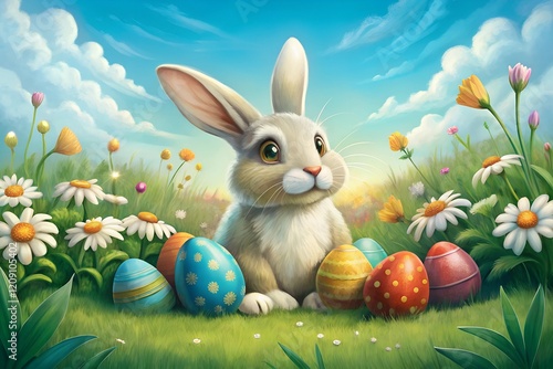 Bunny and Easter eggs and daisy flower on meadow with Easter day