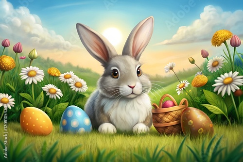 Bunny and Easter eggs and daisy flower on meadow with Easter day