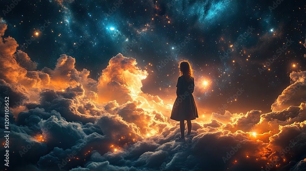 Fototapeta premium Girl gazing cosmos, cloudscape, dreamscape, hope, artwork, fantasy