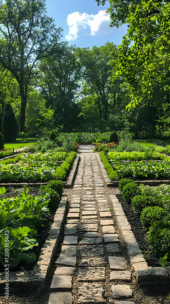 Stone Path Garden Walkway, Lush Greenery, Tranquil Nature Stone Path Garden Walkway, Lush Greenery, Tranquil Nature