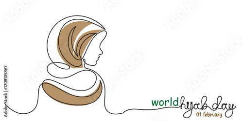 World Hijab Day February 1, single line art Muslim girl. continuous line drawing of a hijab girl woman's head cover vector illustration. concept of world hijab day celebrated every year.
