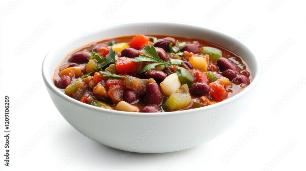A bowl of hearty vegetable chili with beans, bell peppers, tomatoes A bowl of hearty vegetable chili with beans, bell peppers, tomatoes