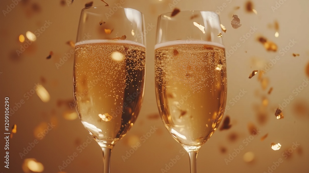 Sparkling champagne glasses with golden confetti for a festive celebration Sparkling champagne glasses with golden confetti for a festive celebration
