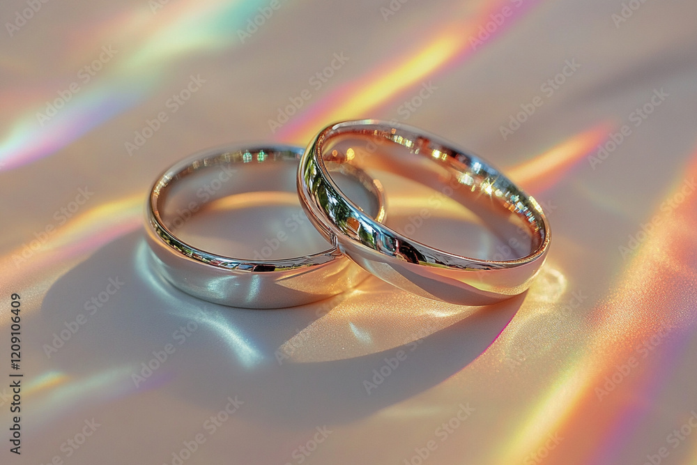 Elegant wedding rings reflecting light on a colorful surface in a serene setting Elegant wedding rings reflecting light on a colorful surface in a serene setting